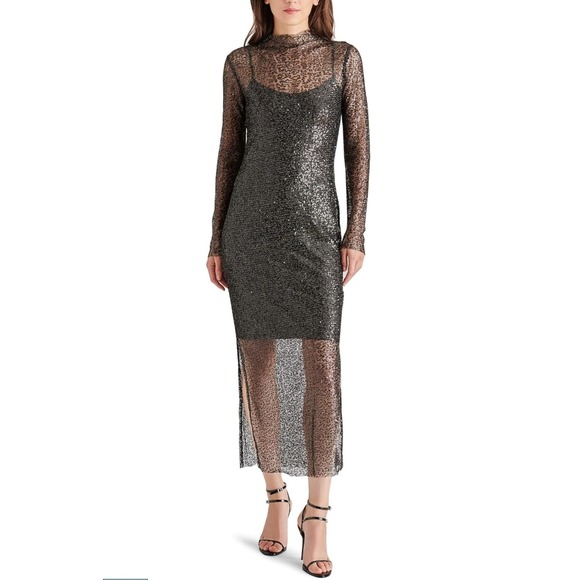 Steve Madden Women's Black Gold Sequin Sheer Mesh Long Sleeve Midi Dress Large - Picture 1 of 9